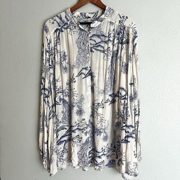 Free People Ivory Blue Botanical Peacock Bloom Blouse Size L - Picture 1 of 6